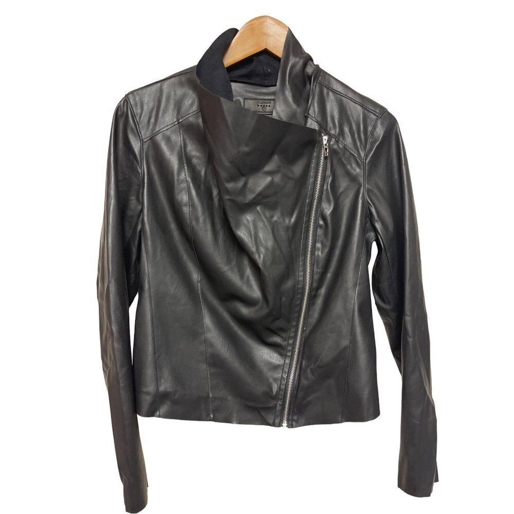 BlankNYC Black Asymmetrical Full Zip Faux Leather Jacket Women's Size Medium - Picture 1 of 9